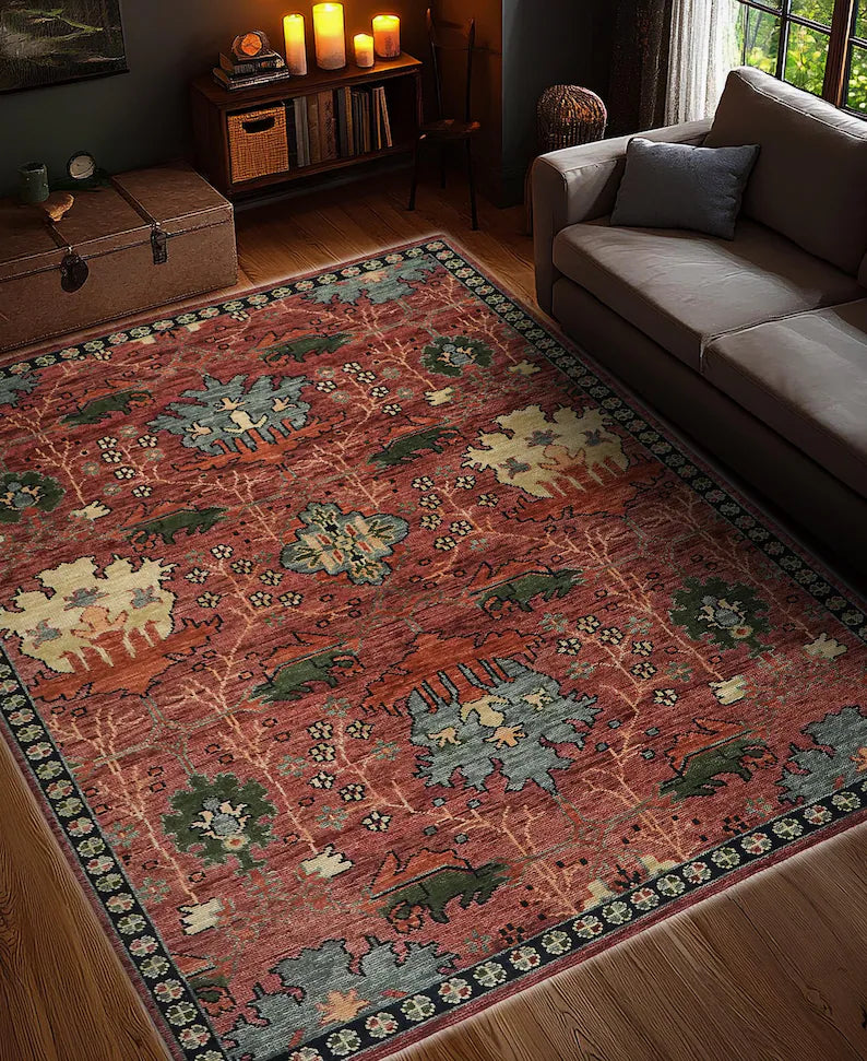 Vintage Rust Red Oushak Rug: Hand Knotted Antique Look Turkish Area Rug Donegal Arts & Craft Living Room Boho Rug 8x10 Rug in All Sizes