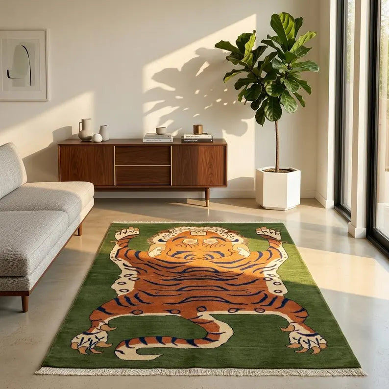 Hand Knotted Tibetan Tiger Wool Rug, Green Background Artisan Carpet