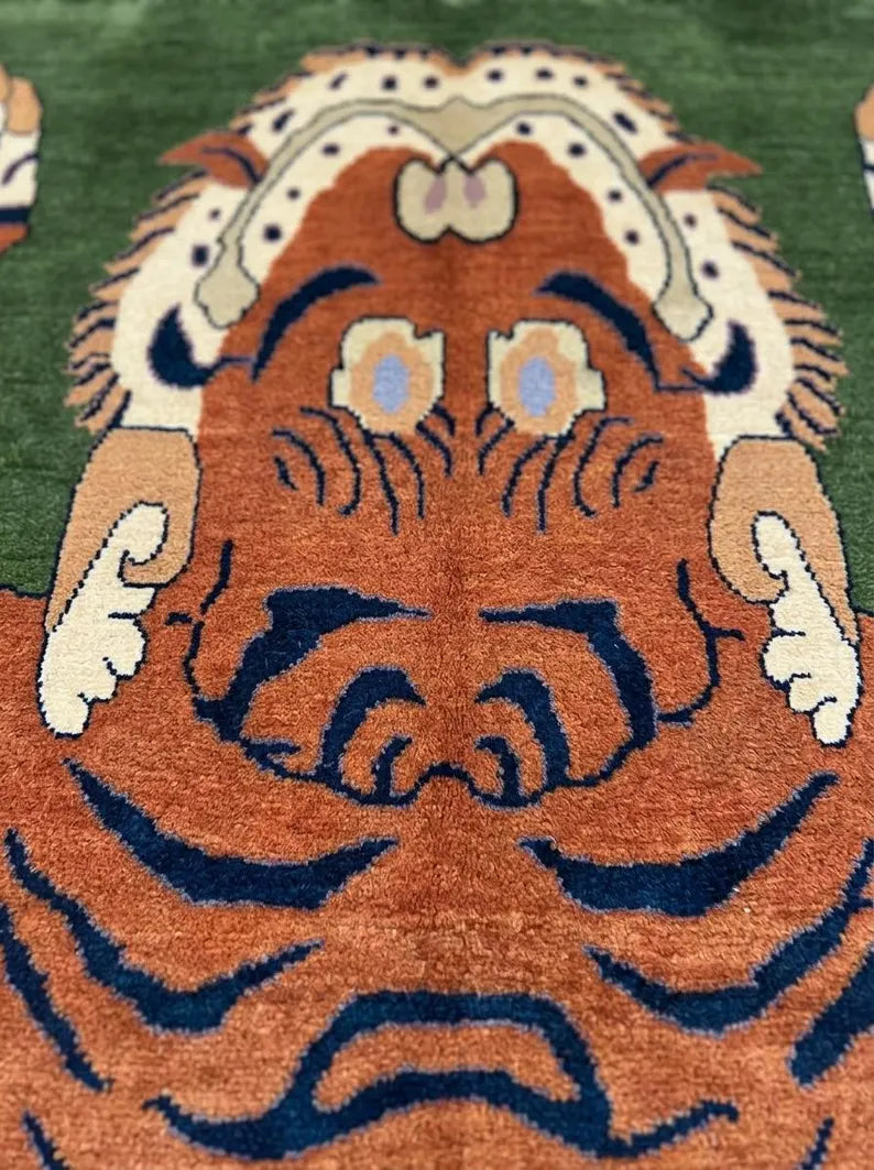 Hand Knotted Tibetan Tiger Wool Rug, Green Background Artisan Carpet