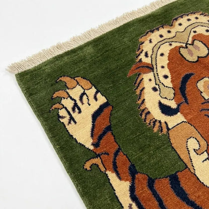 Hand Knotted Tibetan Tiger Wool Rug, Green Background Artisan Carpet