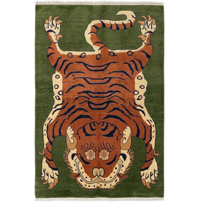 Hand Knotted Tibetan Tiger Wool Rug, Green Background Artisan Carpet