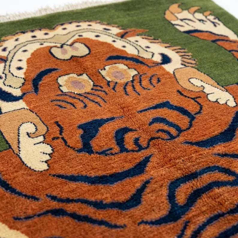 Hand Knotted Tibetan Tiger Wool Rug, Green Background Artisan Carpet