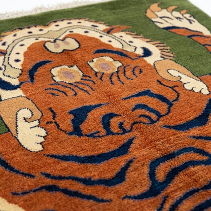 Hand Knotted Tibetan Tiger Wool Rug, Green Background Artisan Carpet