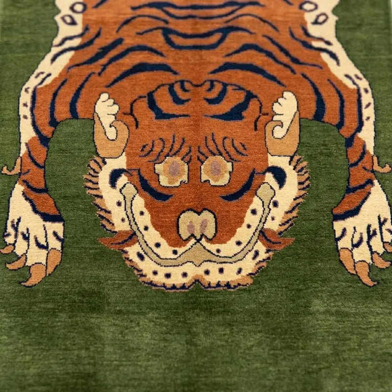 Hand Knotted Tibetan Tiger Wool Rug, Green Background Artisan Carpet