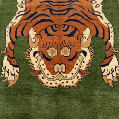 Hand Knotted Tibetan Tiger Wool Rug, Green Background Artisan Carpet